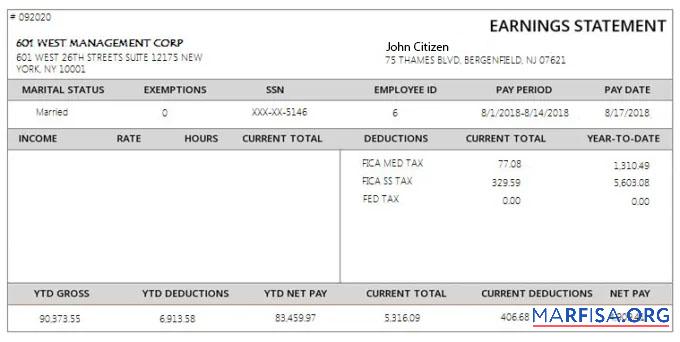 Blank USA 601 WEST management corporation payslip example